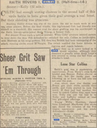 Sunday Post match report attached. Error may be due to Sunday Mail listing Bell in starting XI but it's Bonnar who is mentioned in match report. Bonnar played in goal not Bell so the Trivia note "Andrew Bell was restored to goalkeeper"